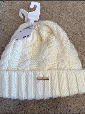 Michael Kors Ivory Knit Beanie with Gold Logo Plaque
